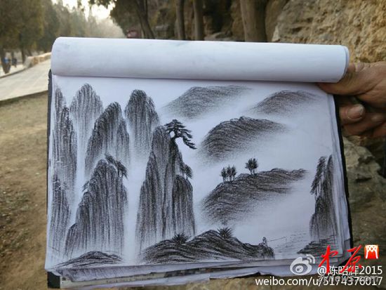 少林寺环卫工自学画画手绘嵩山 被赞现代