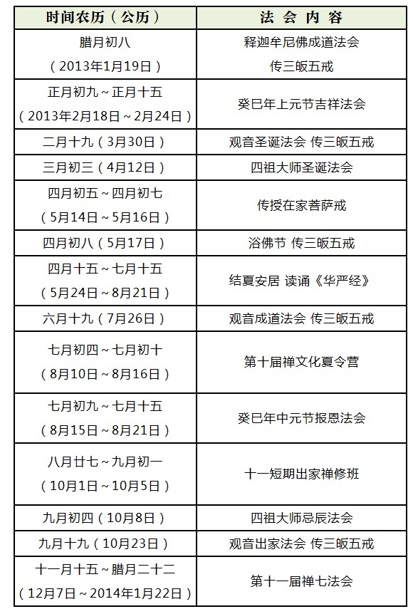 「佛教」湖北省黄梅县四祖寺2013年（农历癸巳年）法务活动安排
