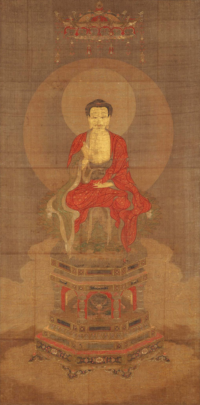 「文化」十四世纪大型精美佛画：释迦三尊（华严三圣）赏析