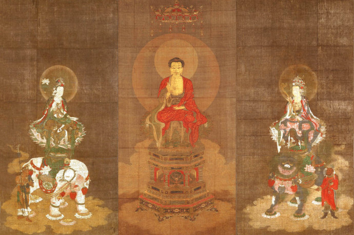 「文化」十四世纪大型精美佛画：释迦三尊（华严三圣）赏析